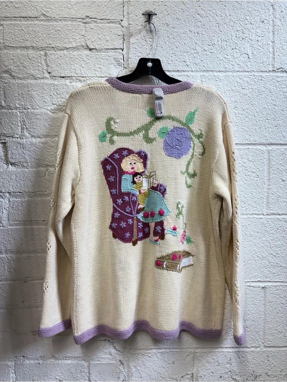Vintage Storybook Knits Cream Reading Cardigan with Lavender Trim